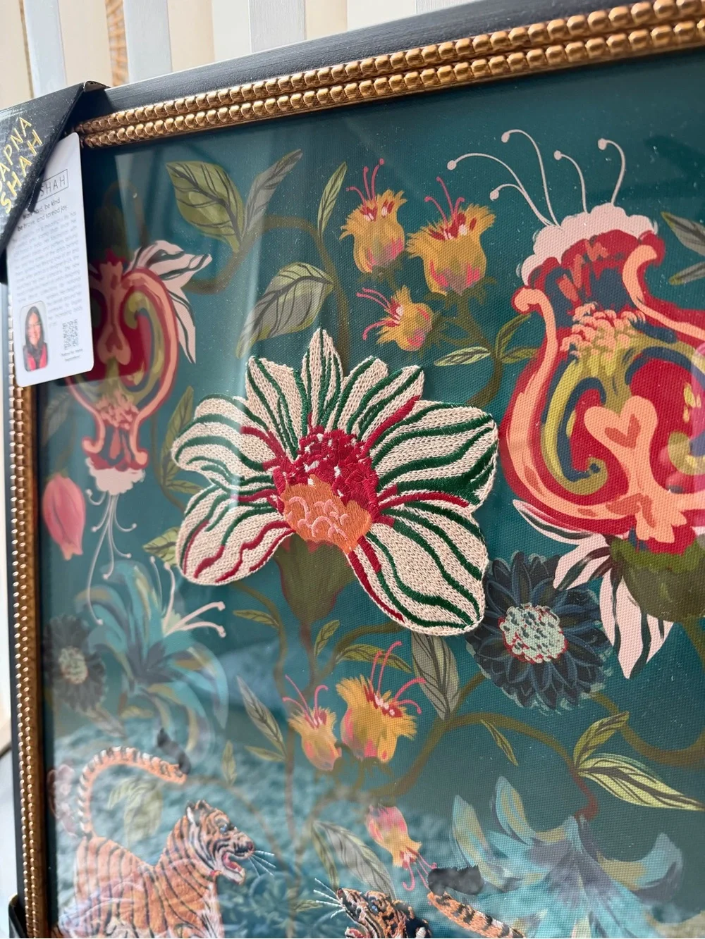 Sapna Shah Teal blue tiger Floral embroidered framed Wall Art